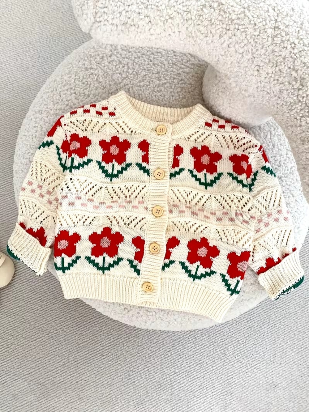 Cream Floral Knit Cardigan Sweater with Red Flowers Baby Girl Toddler Girl